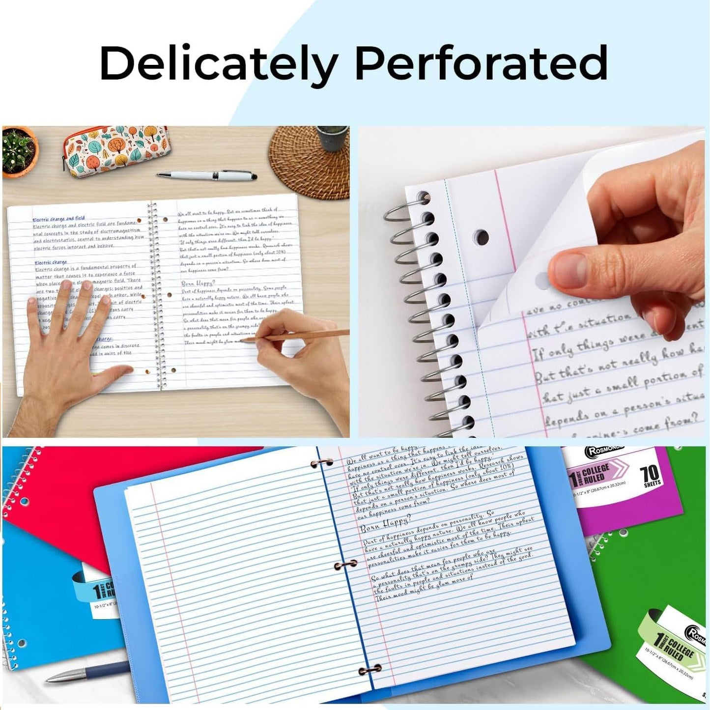 Spiral Notebook, 24 Pack, 1 Subject, College Ruled, 70 Sheets, 8 x 10-1/2",Bulk College Ruled Spiral Notebook for School, 3 Hole Punched, Single Subject Spiral Notebook Bulk, Assorted Colors