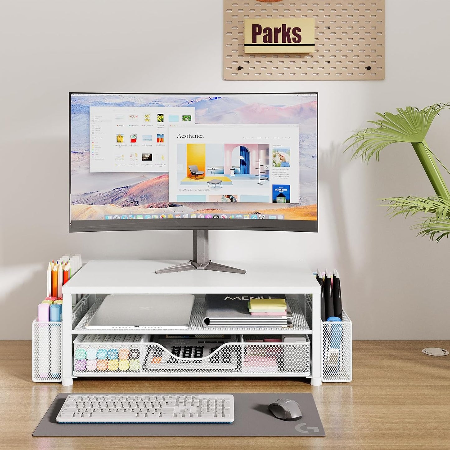 Desk Organizers and Accessories, 2-Tier Computer Monitor Stand Riser with Drawer and 2 Pen Holders, Laptop Stand, Office Desk Accessories for Office Supplies, White