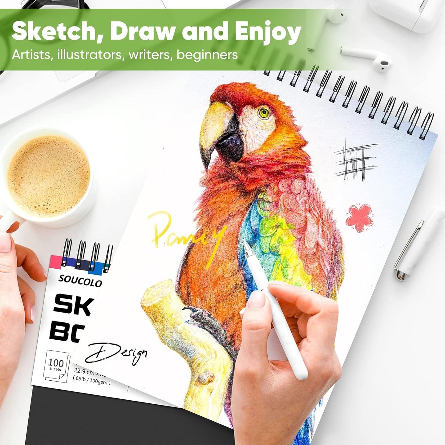 Soucolor Art and Craft Paper for Kids Adults Artists Doodles, School Projects & Home Painting, 9"x12" Bulk Sketch Books 3-Pack (100 Sheets Each) | Spiral Bound Drawing Paper Acid Free (68lb/100gsm)