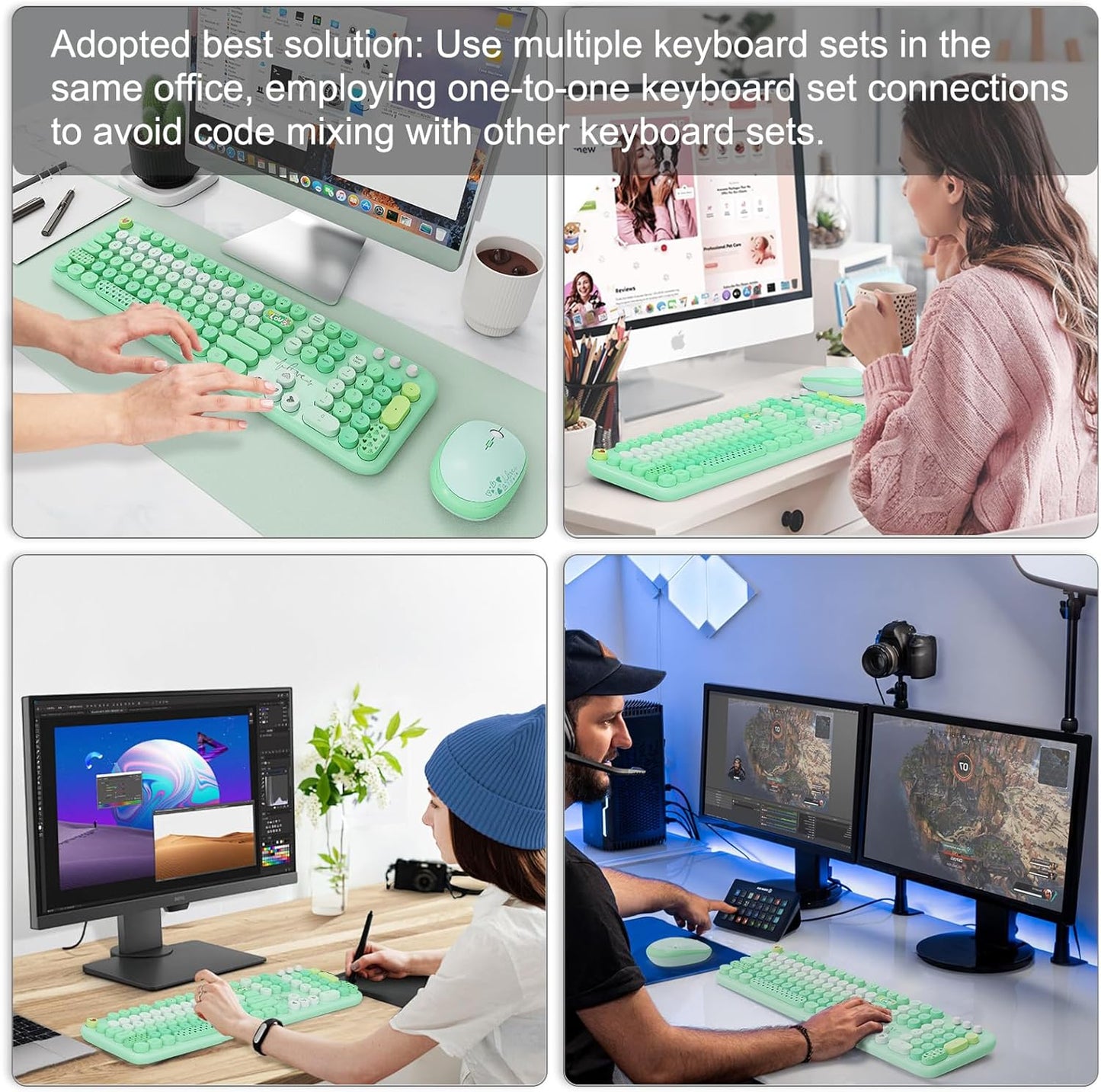 FOPETT Wireless Keyboard and Mouse Combo - 2.4G Full-Sized Cute Colorful Retro Keyboard with Round Keycaps 104 Keys Typewriter Keyboard for Laptop/Windows/PC-Green Colorful