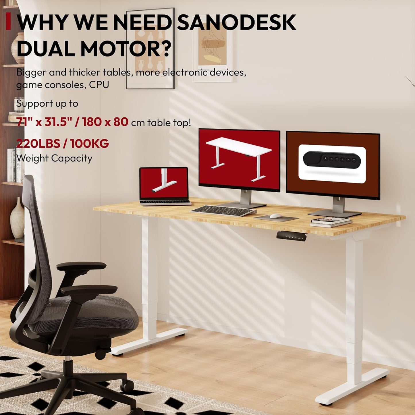 Standing Desk with Dual Motor, 3-Stage Lifting Column, Handset with 3 Preset and Sit-Stand Reminder - 60 inch Whole Piece Real Bamboo Desk/White Frame, Height Adjustable Desk for Home and Office
