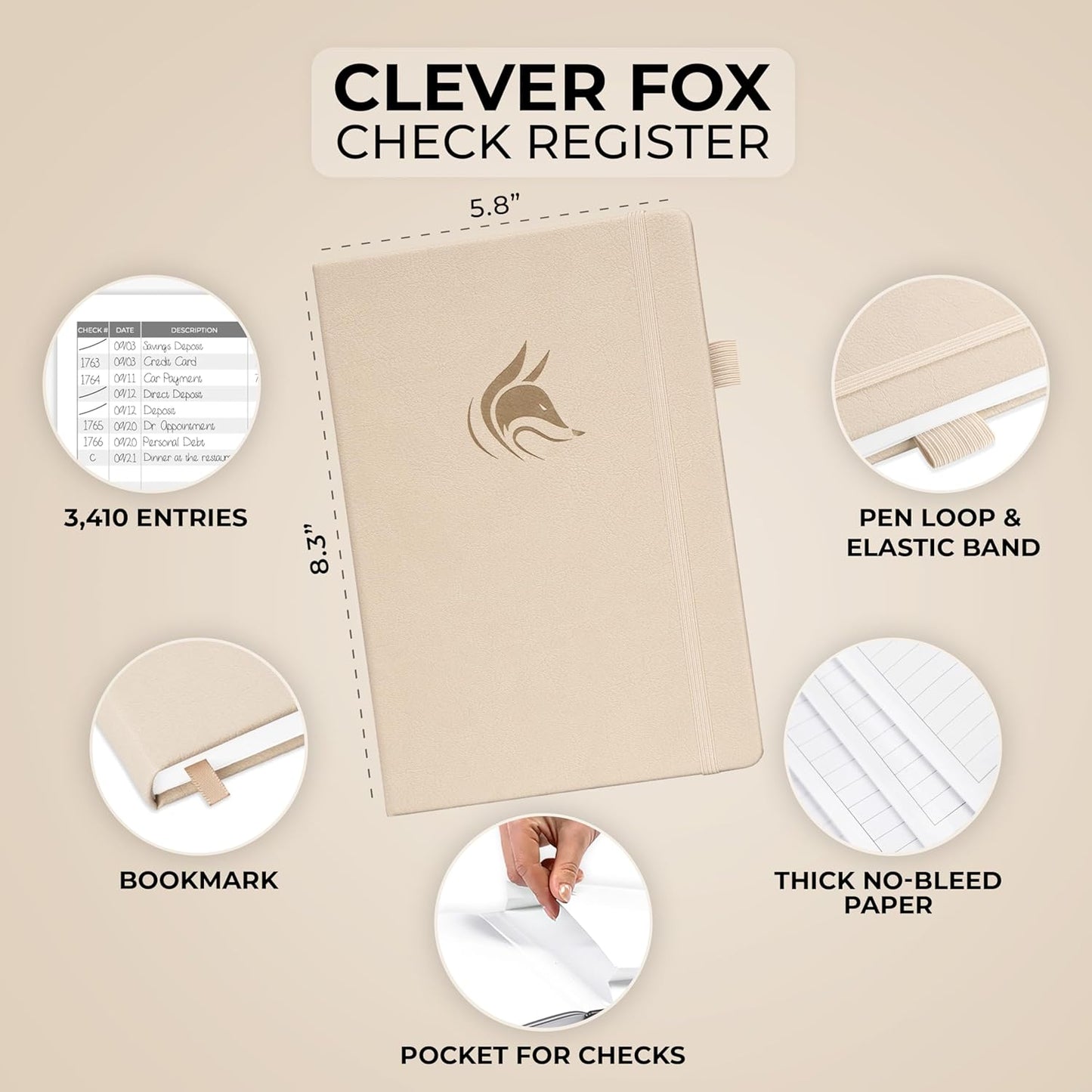 Clever Fox Check Register Book - Deluxe Transaction Register, Accounting Ledger Book, Checkbook Register & Checking Account Register Book for Personal and Work Use, A5 Hardcover - Seashell