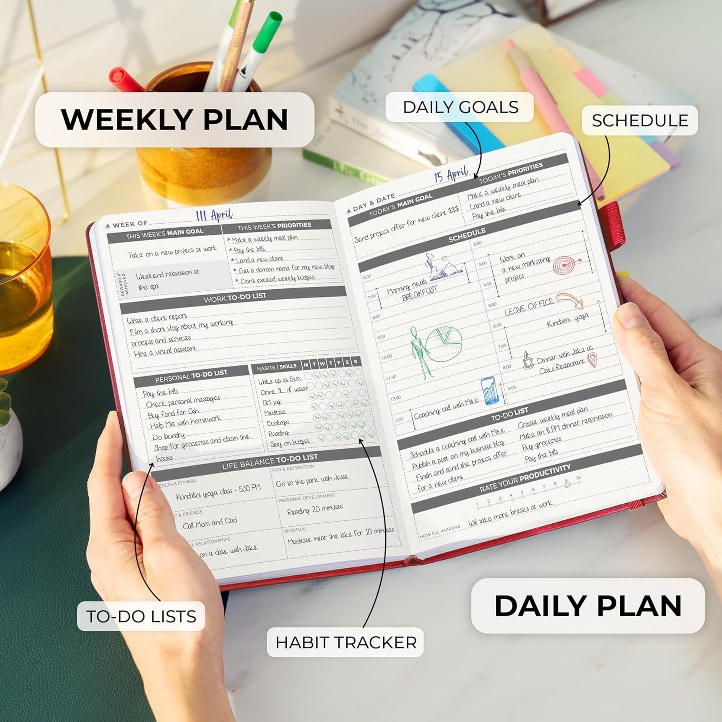 Clever Fox Daily Planner – Undated Planning Notebook with Hourly Schedule & To-Do List – Personal Day Task & Work Organizer, 6 Months (Red)