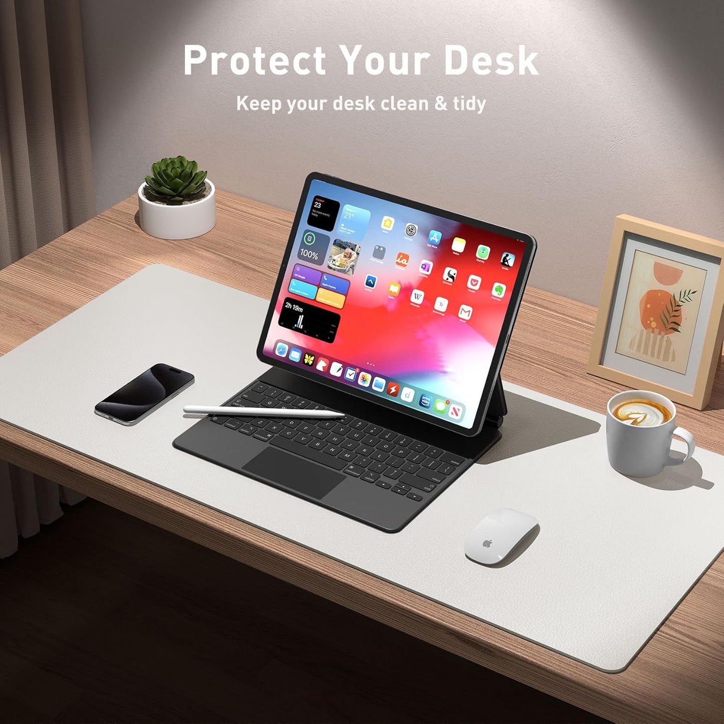 Aothia Leather Desk Pad Protector, Mouse Pad,Office Desk Mat, Non-Slip PU Leather Desk Blotter, Laptop Desk Pad, Waterproof Desk Writing Pad for Office and Home (48"x17", Off-White)