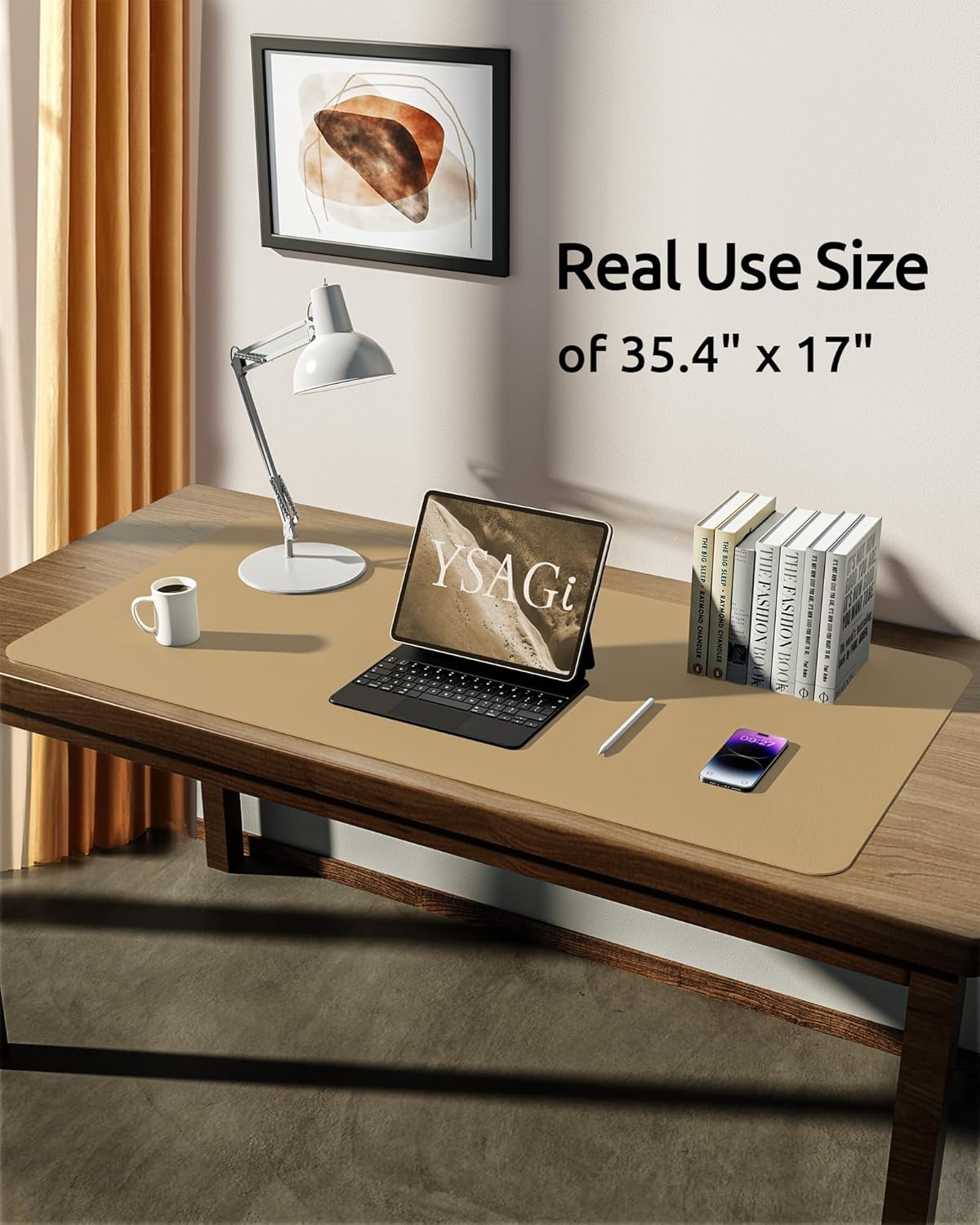 YSAGi Leather Desk Protector, Office Mat, Large Mouse Mat, Non-Slip PU Leather Blotter, Laptop Desk, Waterproof Writing Pad for Office and Home (Latte, 35.4" x 17")