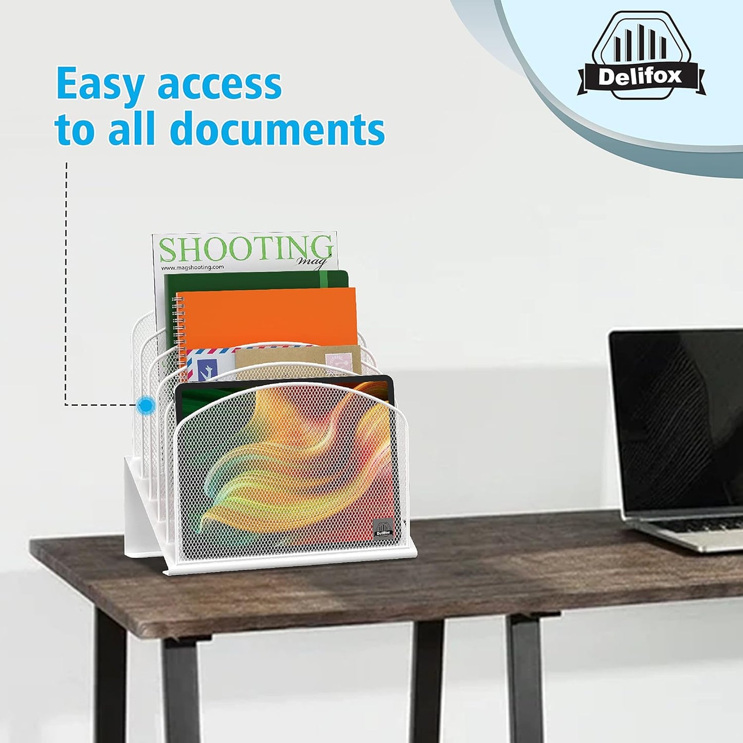 Inclined Desk File Organizer, 5-Section Vertical File Folder Holder Stand Metal Rack File Sorter for Office Classroom Desktop Organization (White, 2Pack)