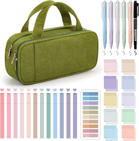 Jutom 39 Pcs Aesthetic Book Annotation Kit Highlighter with Pencil Case Bag Gel Pen Transparent Sticky Note Taking Bible Study College School Supplies(Green,Classic Style)
