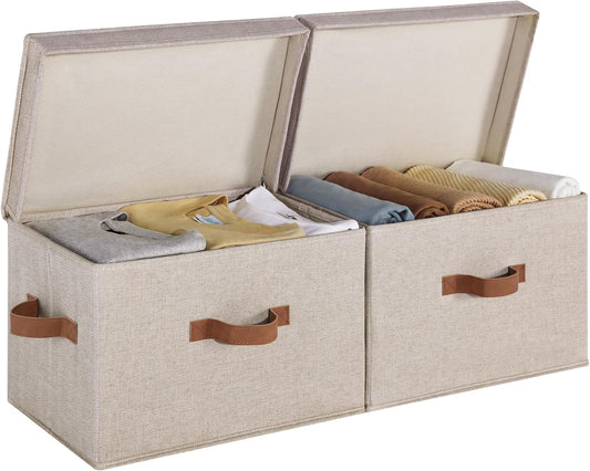 StorageWorks Fabric Storage Bins with Lid, Decorative Storage Boxes for Shelves, Stackable Closet Organizer Basket with Handles, Large, Brown and Beige, 2-Pack