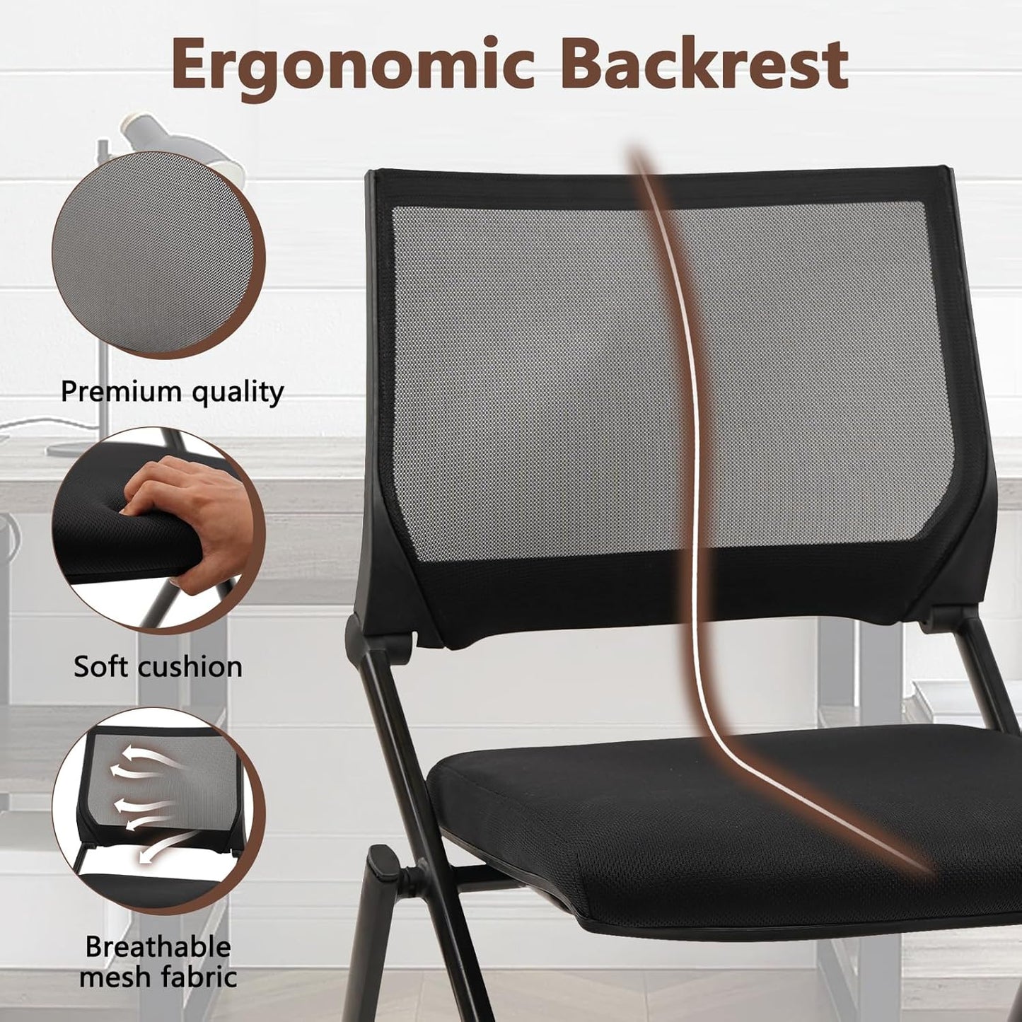 CLATINA Stackable & Foldable Conference Room Chairs, Waiting Room Chairs with Wheels & Lumbar Support, Ergonomic Mesh Bouncing Back Folding Chair for Office Meeting Schools Training Room, Black(2pk)