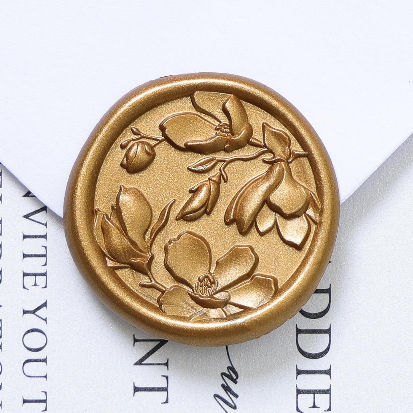 UNIQOOO Wax Seal Stickers - 3D Magnolia Wedding Invitation Envelope Botanical Seal Stickers, 50 Pcs Self- Adhesive Antique Gold Stickers, Perfect for Invitation, Christmas, Gift Wrapping, Party