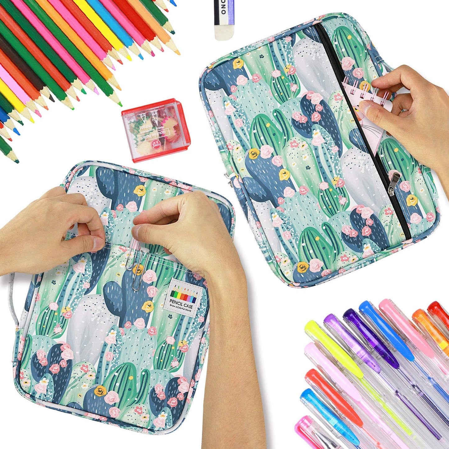 YOUSHARES Colored Pencil Case Holder - Pen Case Organizer with Multilayer Holder for Prismacolor Colored Pencils & Gel Pen of Adult & Artist (cacti)