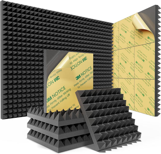 Sonicism Sound Proof Foam Panels for Walls Upgrade Self-Adhesive 12 Pack Pyramid 3"X12"X12" Acoustic Panels 35kg/m³High Density,Soundproof Wall Panels Fast Expand,Sound Absorption and Decoration,Black