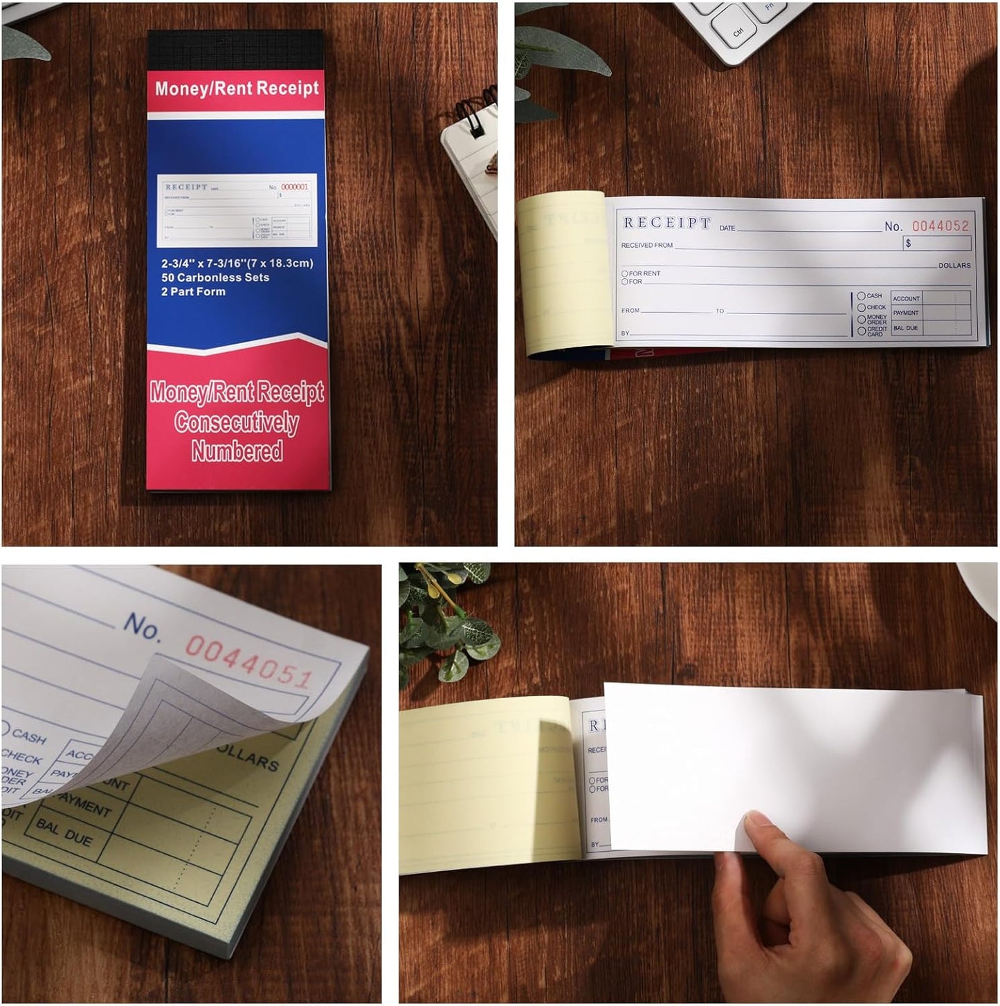 Crtiin 10 Pads Money and Rent Receipt Book 2.75 x 7.2 Inch Bound Cover 2 Part Carbonless Receipt Book with Carbonless Copies Receipt Log Book 50 Sets Per Book