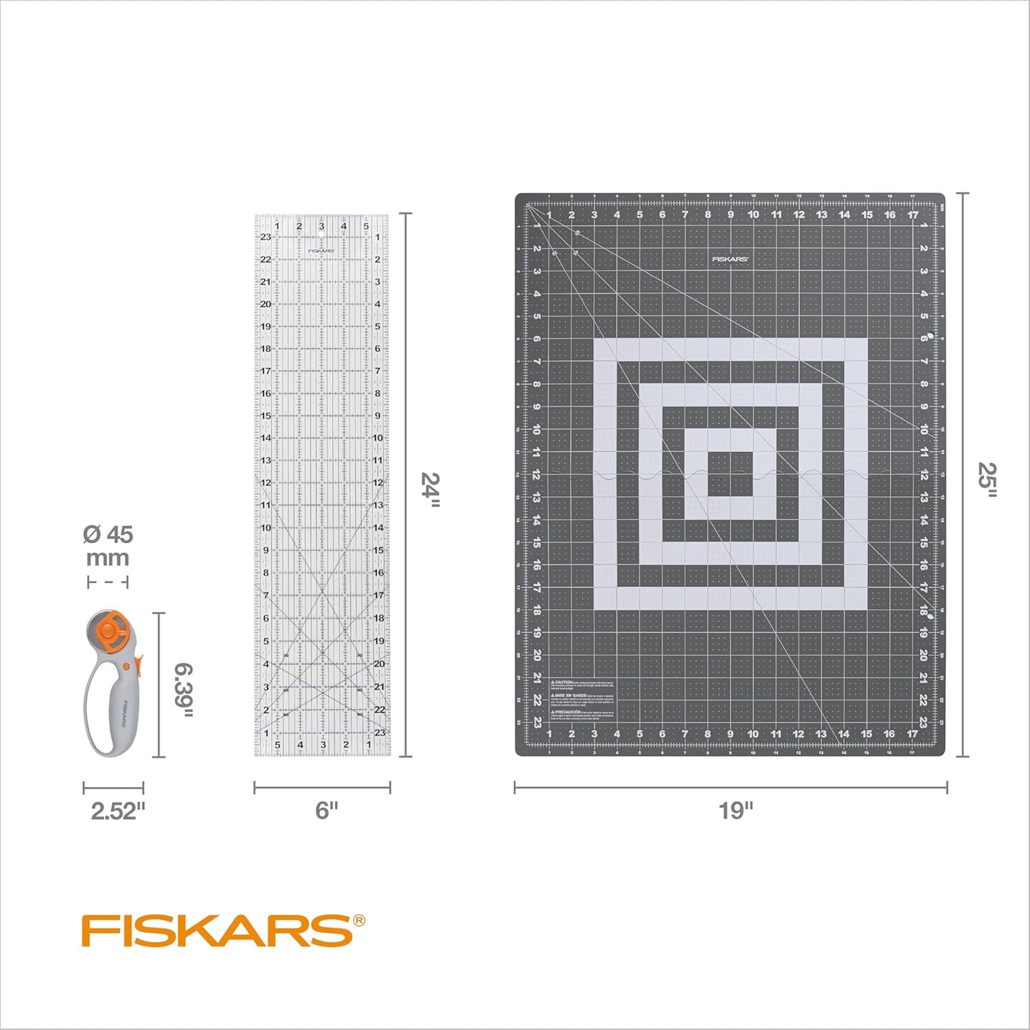 Fiskars 3-Piece Rotary Cutter Set with 45mm Fabric Rotary Cutter, Folding & Self-Healing Cutting Mat for Space Saving Storage, and Sewing Ruler, Perfect Tool Kit to Gift for Crafting, Quilting, Sewing