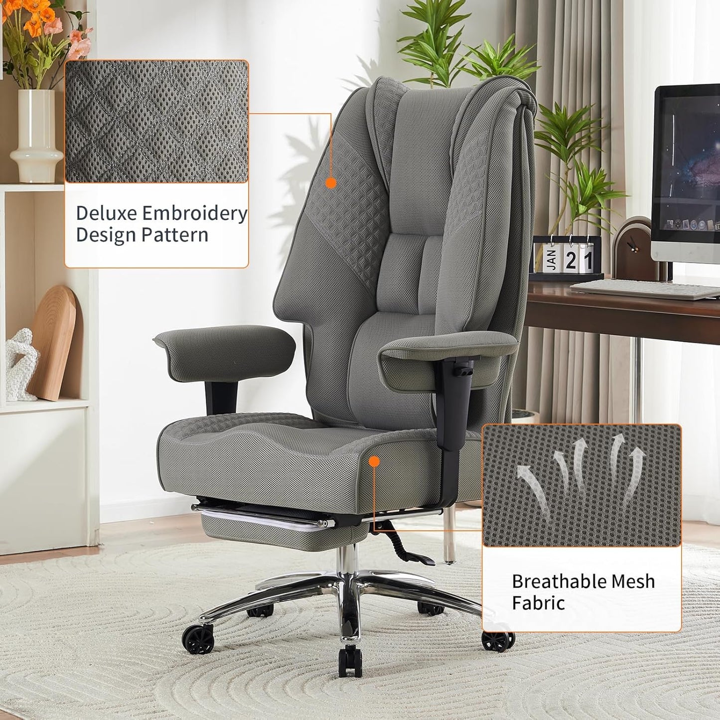 Big and Tall Office Chair 400lbs Wide Seat, Leather High Back Executive Office Chair with Foot Rest, Ergonomic Chairs Lumbar Support for Lower Back Pain Relief (Mesh Light Grey)