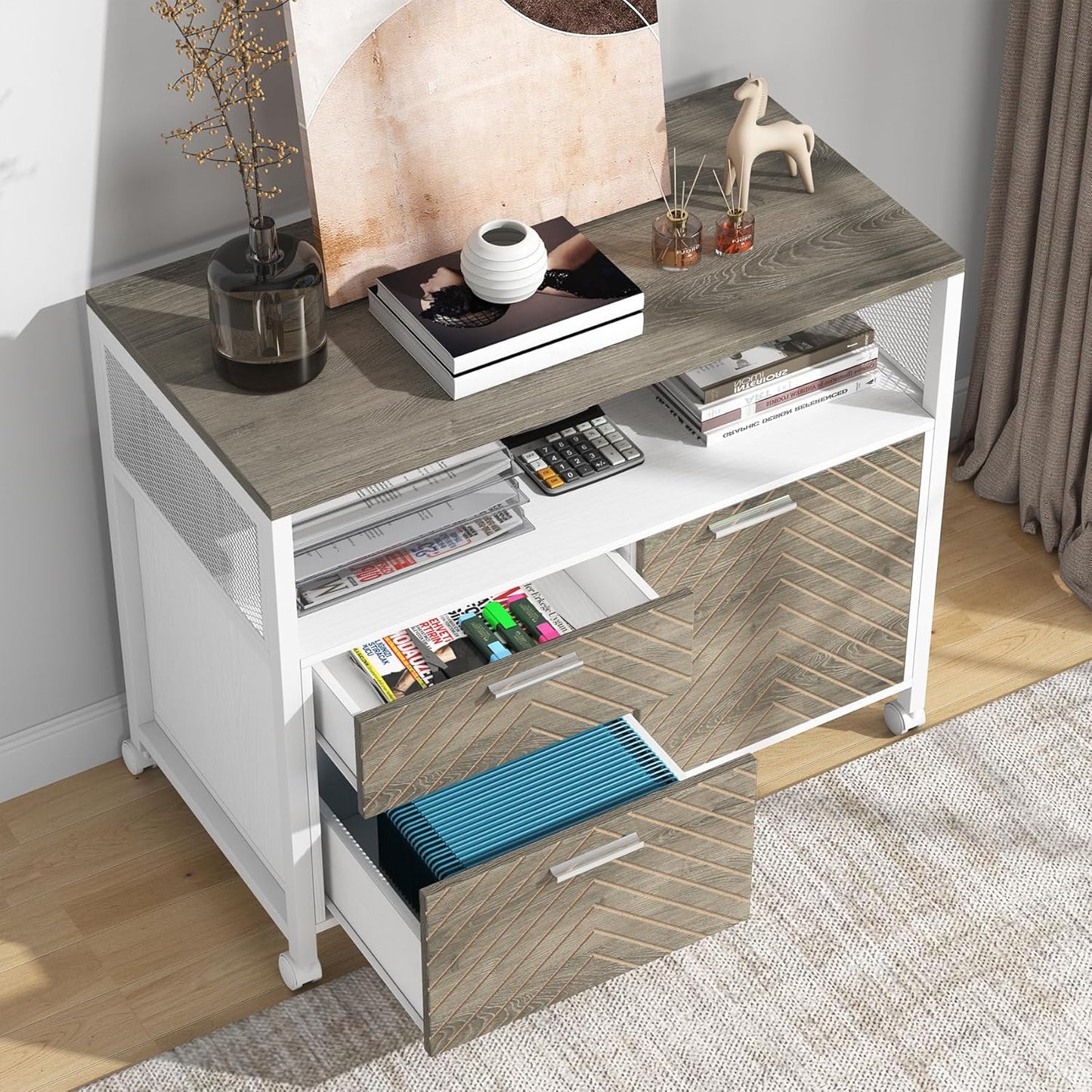 Tribesigns L Shaped Desk with Drawer Cabinet, 63" Executive Computer Desk and lateral File Cabinet, 2 Piece Home Office Furniture with Drawers for Hanging File, Doors with Locks (Dark Oak, 63-inches)