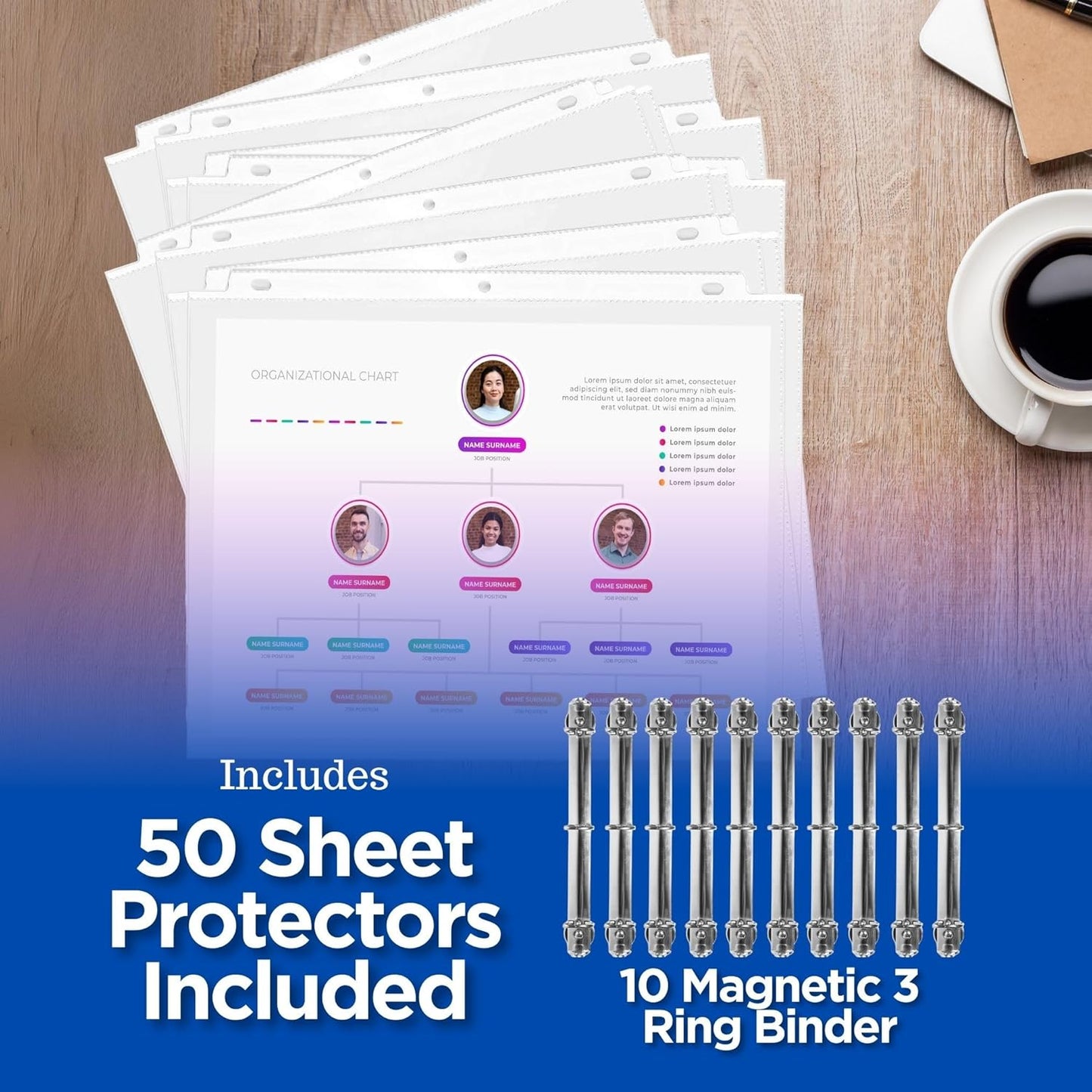 Magnetic 3 Ring Binder Locking Mechanism – 10 Pack – for Hanging 8.5 x 11 Inch Sheets of Paper – 3 Rings – 1 Inch D Shaped Rings – 5S Visual Aid - 50 Sheet Protectors Included