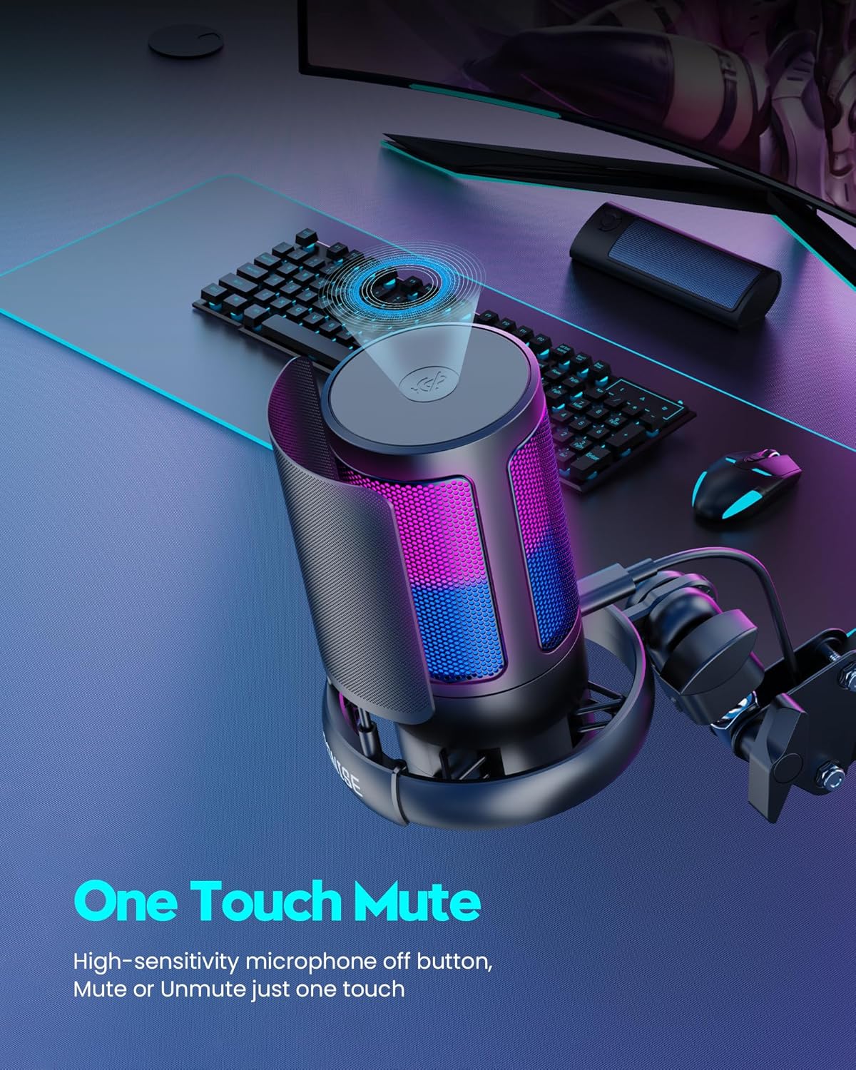 Gaming Microphone, USB PC Mic for Podcasts Videos, Streaming, Condenser Mic with Quick Mute, Tripod Stand, Pop Filter, RGB Indicator, Shock Mount, Rotate gain button, Compatible with PS4/5/PC