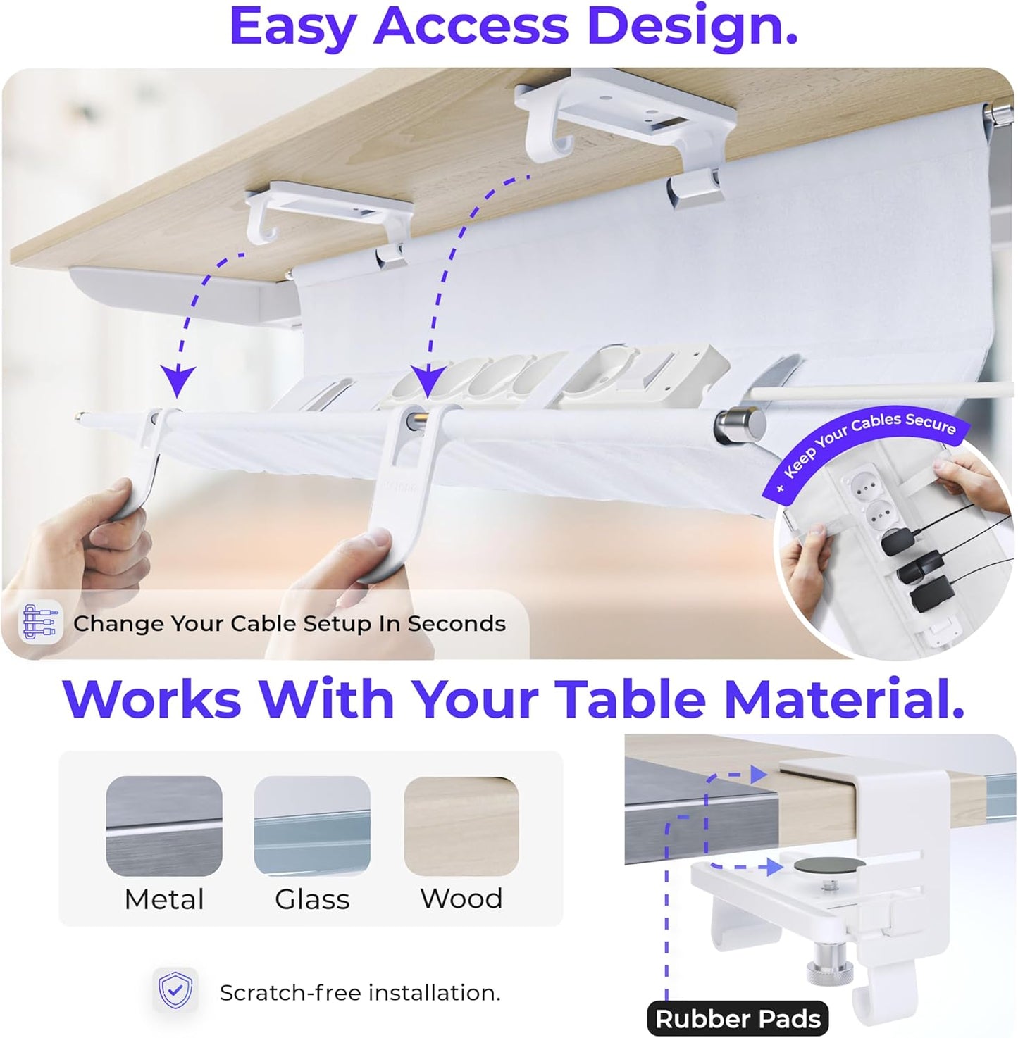 Original No Drill Under Desk Cable Management Tray 53.9" - Premium White Fabric Cable Management Under Desk - Clamp/Screw Mount Cord Organizer - Supports Upto 66lbs - Extra Large
