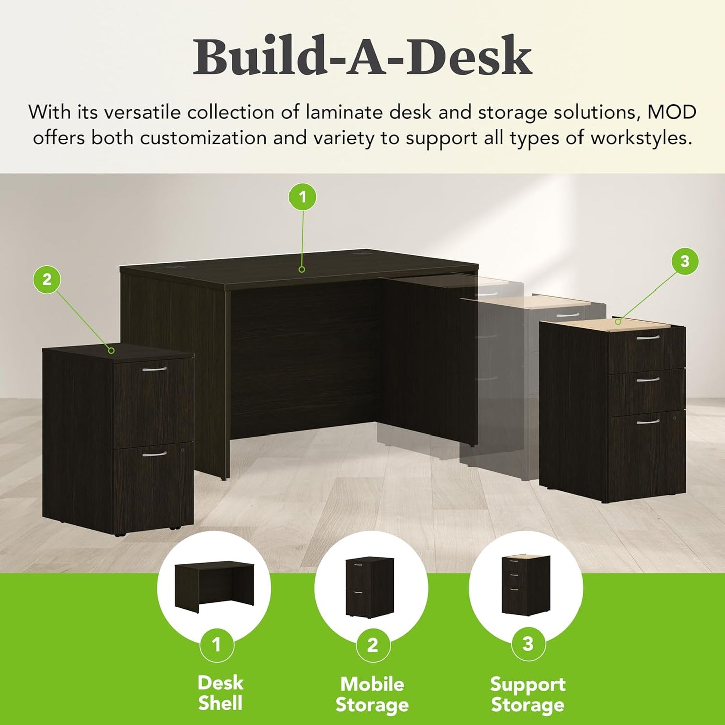 HON MOD Executive Desk 48-Inch Large Computer Desk Shell, Thick Wooden Laminate, Modern Table with Cord Management, 48'W x 30'D x 29'H, Java Oak