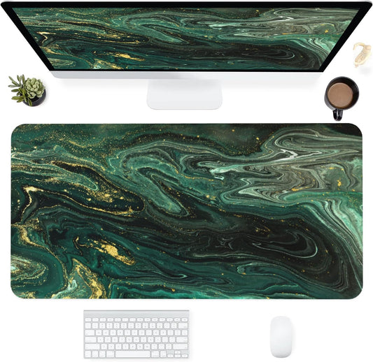 Desk Mat,Green Gold Liquid Marble Extended Gaming Mouse Pad for Office Work & Game,Computer Keyboard Mouse Mat Desk Non-Slip Rubber Base Large Mousepad with Stitched Edges, 31.5x15.7inch