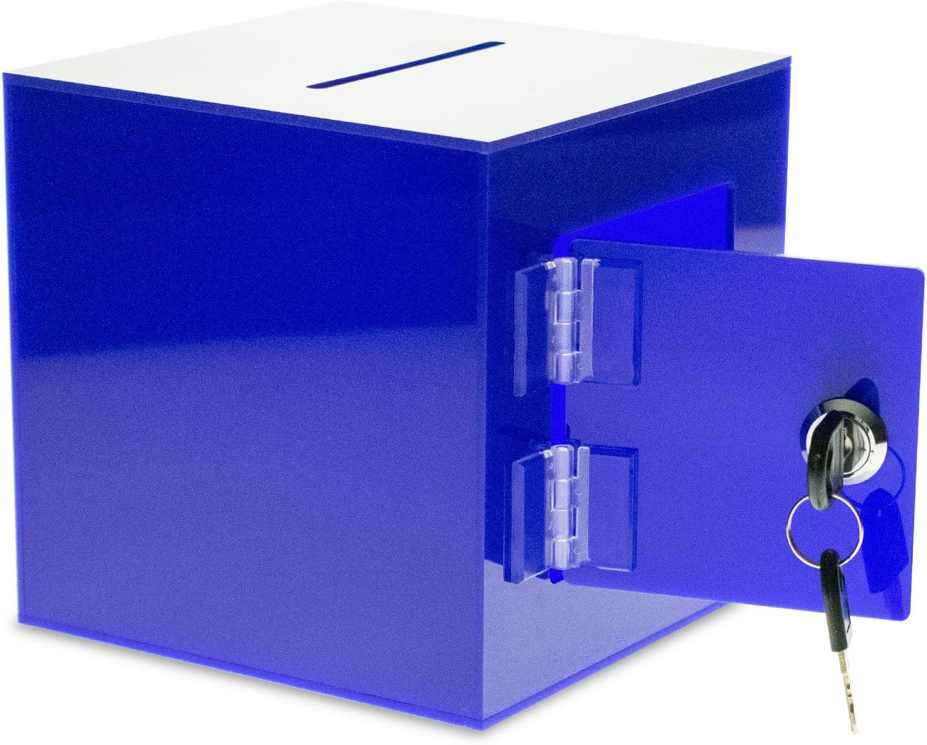 SOURCEONE.ORG Source One Premium Acrylic Cube Donation Box with Deluxe Rear Open Door and Cam Lock Suggestion Box (8 Inch, Blue)
