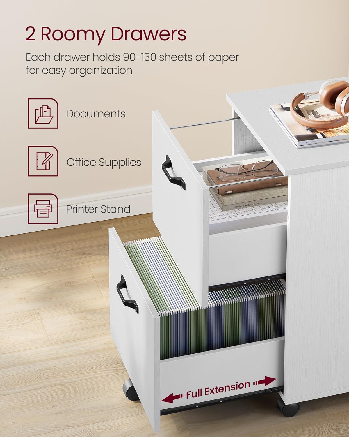 VASAGLE 2-Drawer File Cabinet, Small Rolling Filing Cabinet for Home Office, Printer Stand, for A4, Letter-Size Documents, 15.7 x 16.5 x 27.6 Inches, Snow White UOFC040W46