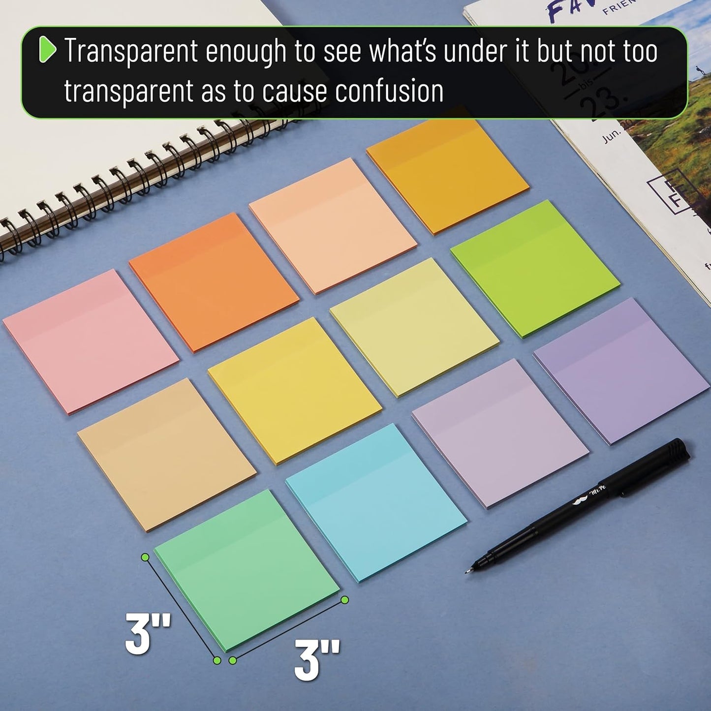 Mr. Pen- Transparent Sticky Notes, 3”x3”, 12 Pads, 600 Sheets, Macron Pastel See Through Sticky Notes