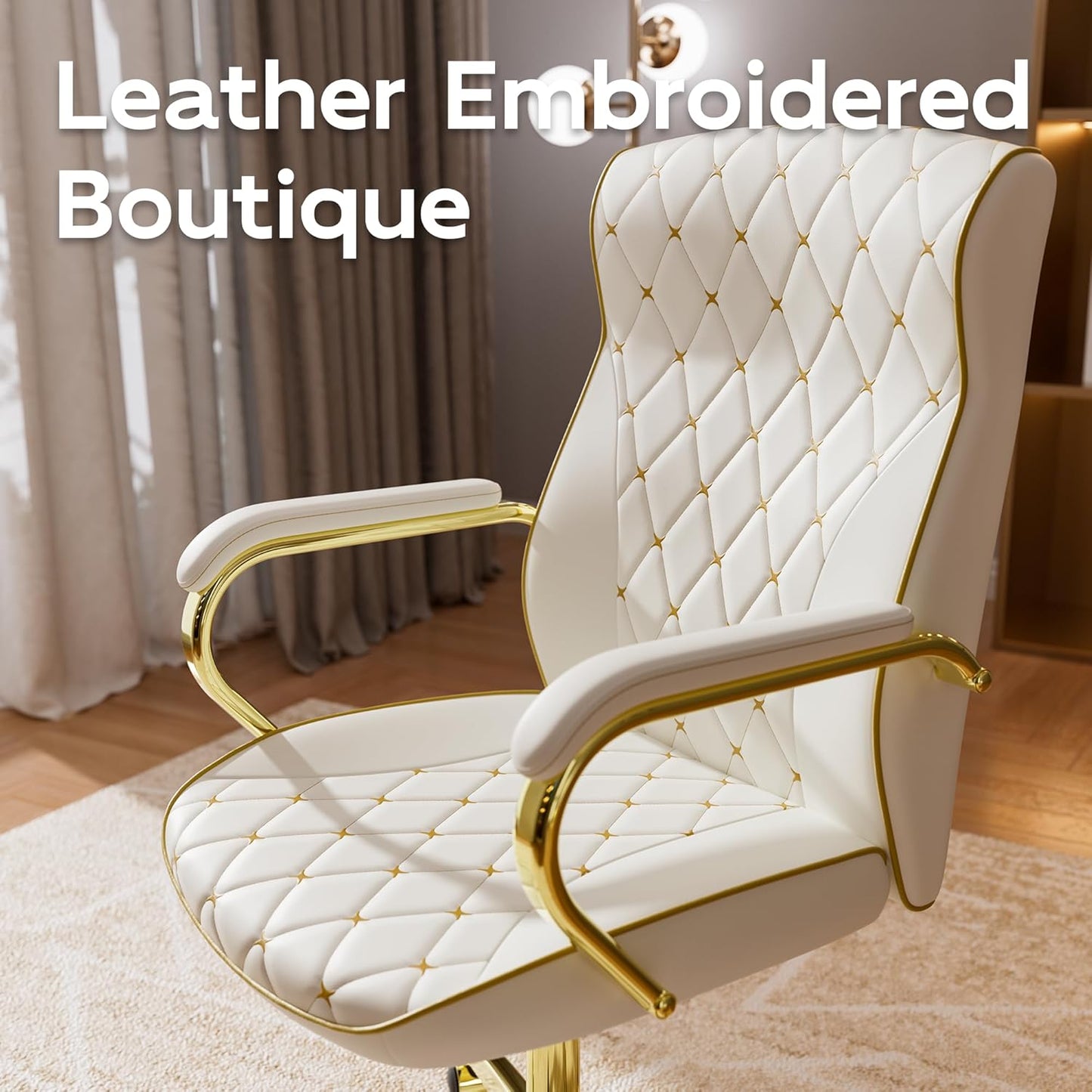 White and Gold Office Chair with Soft Leather Embroidery, Mid Back Vintage Swivel Executive Desk Chair with Wheels and Padded Arms, Adjustable Height