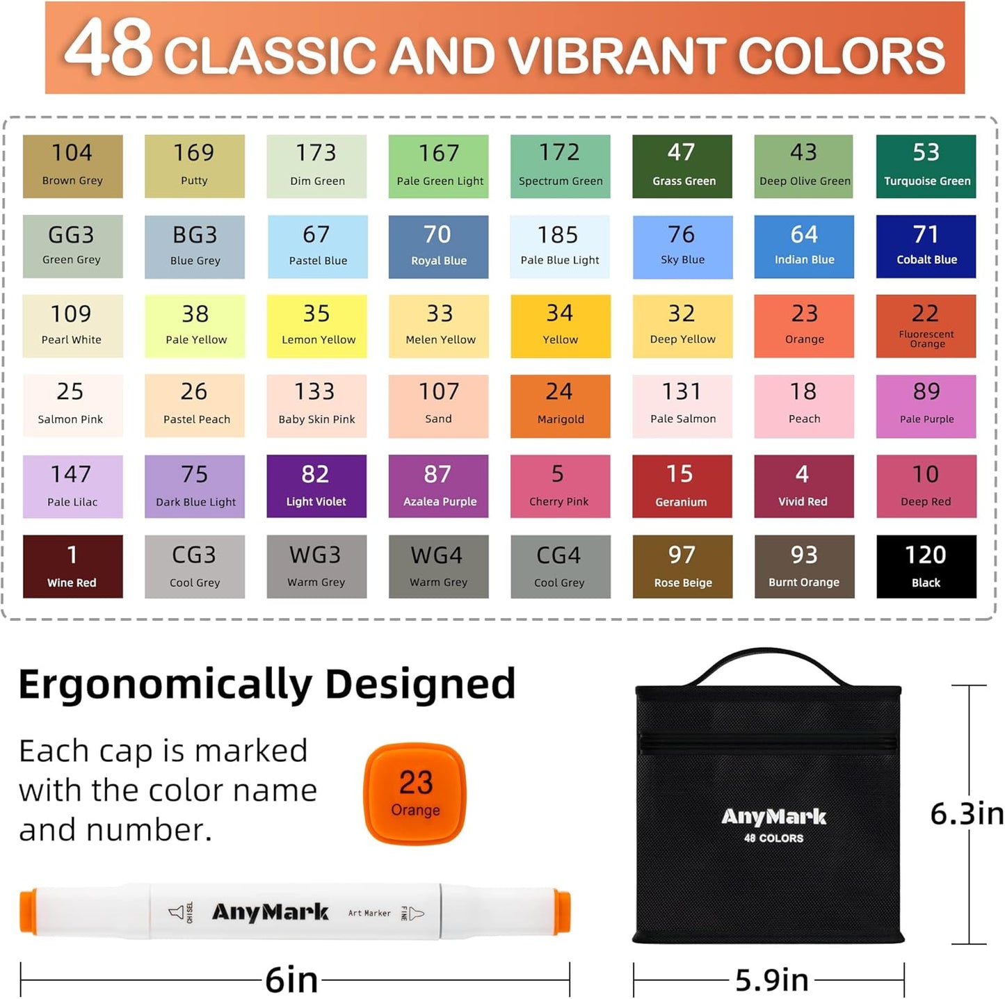 AnyMark Alcohol Markers, 48 Colors Dual Tip Art Coloring Markers Set for Kids Adult Book Drawing Sketching Painting, Chisel & Fine, White Penholder