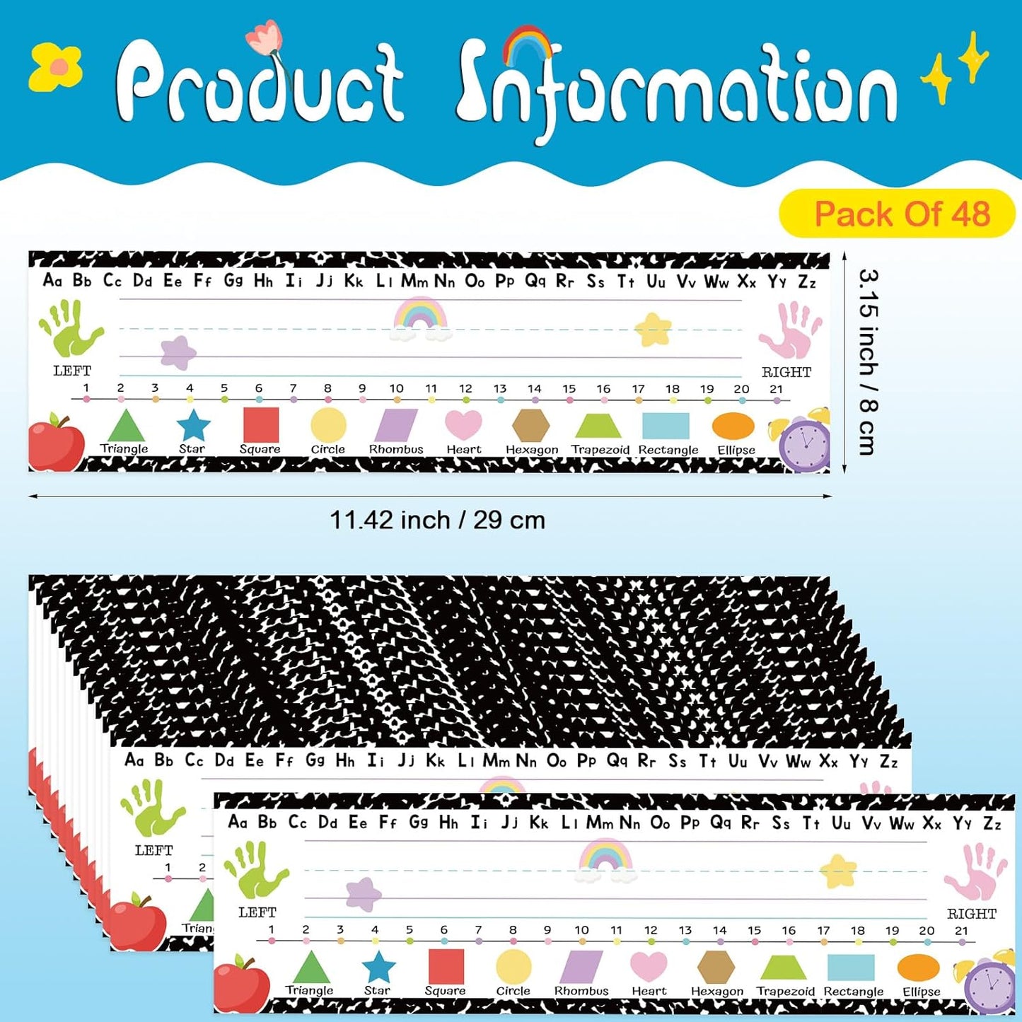 Outus 48 Pcs Name Tags Labels Cutouts Nameplate for Classroom School Name Tags with Alphabet Number Line for Desk ABC Decor Elementary Preschool Bulletin Board Decorations (Composition Notebook)