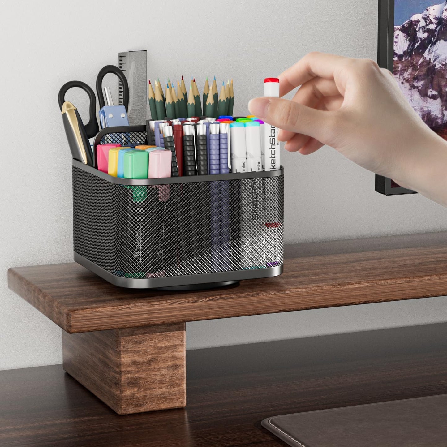 LUCYCAZ 360 Rotating Metal Pencil Pen Holder for Desk, Rotating Pencil Cup with 5 Slots, Dual-Purpose Desk Pen Organizer for Office, School, Home, Square