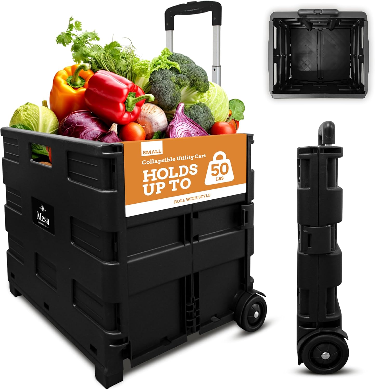 Inspired Living Ultra-Slim Rolling Collapsible Storage Pack-N-Roll Utility-carts, with Telescopic Handle, for Home, Garden, Shopping, Office, School use, Medium, Black