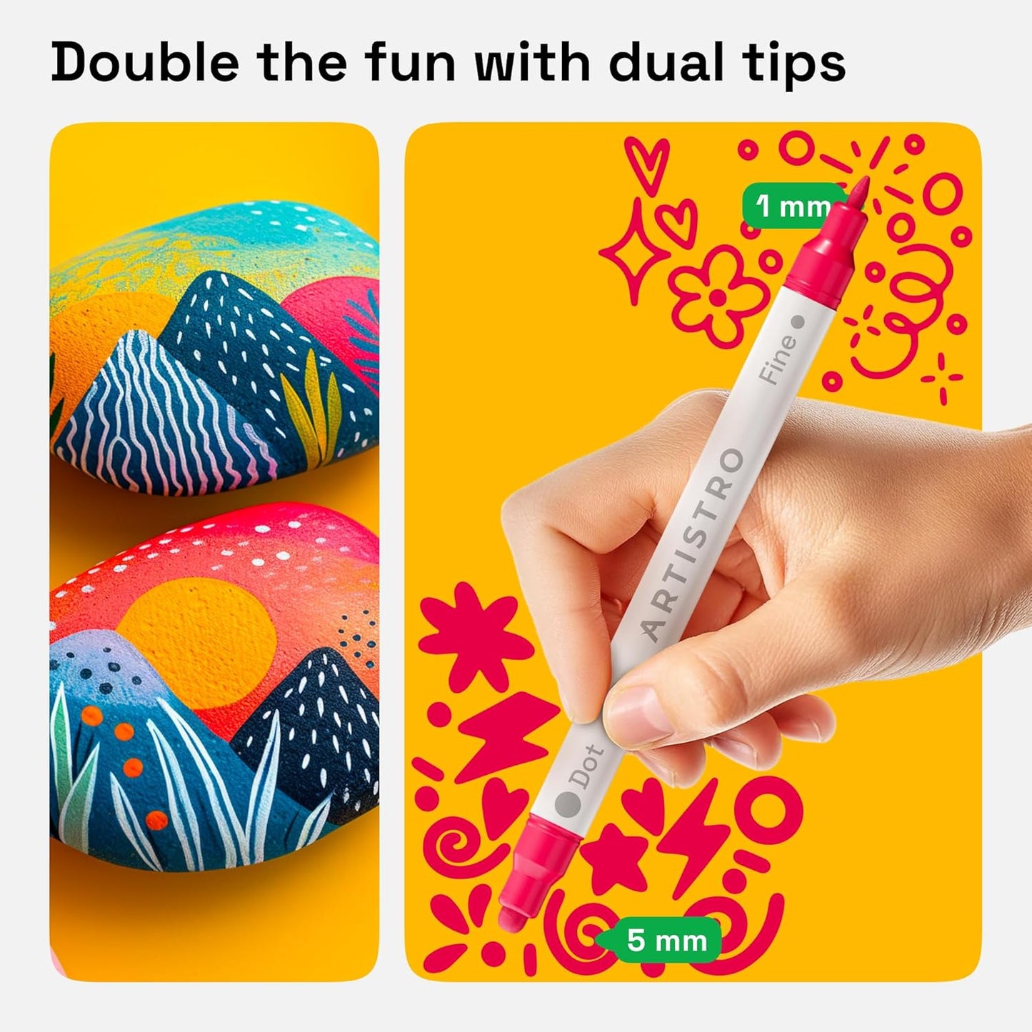 ARTISTRO 60 Dual Tip Fabric Markers - Acrylic Drawing Markers for All Ages & Levels - Fabric Paint Pens for Personalizing Clothes, T Shirts, Bags, Canvas, Textiles (Brush + Fine)