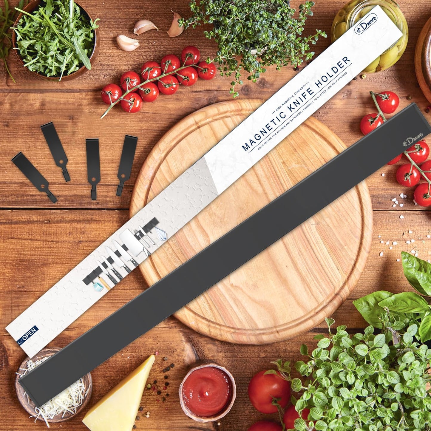 Dmore magnetic knife holder for wall—with 4 hooks, No Drilling 20 Inch black knife magnetic strip, Powerful knife magnet rack, include Adhesive Tape and screws for Knives, Utensils, and Tools