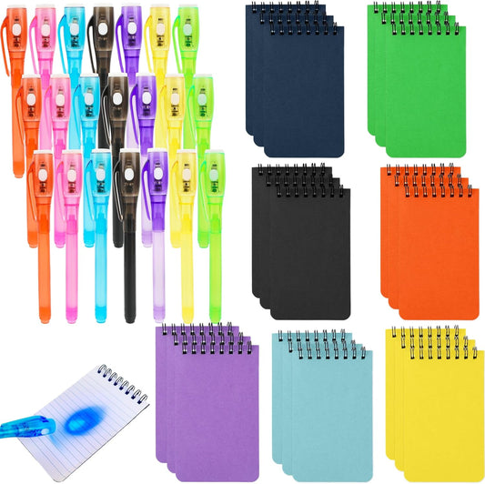 42 Pcs Secret Party Favors Includes 21 Pcs Invisible Ink Pen with UV Light and 21 Pcs Mini Spiral Notebook for Secret Message Themed Party Game Prizes Goodie Bag Fillers