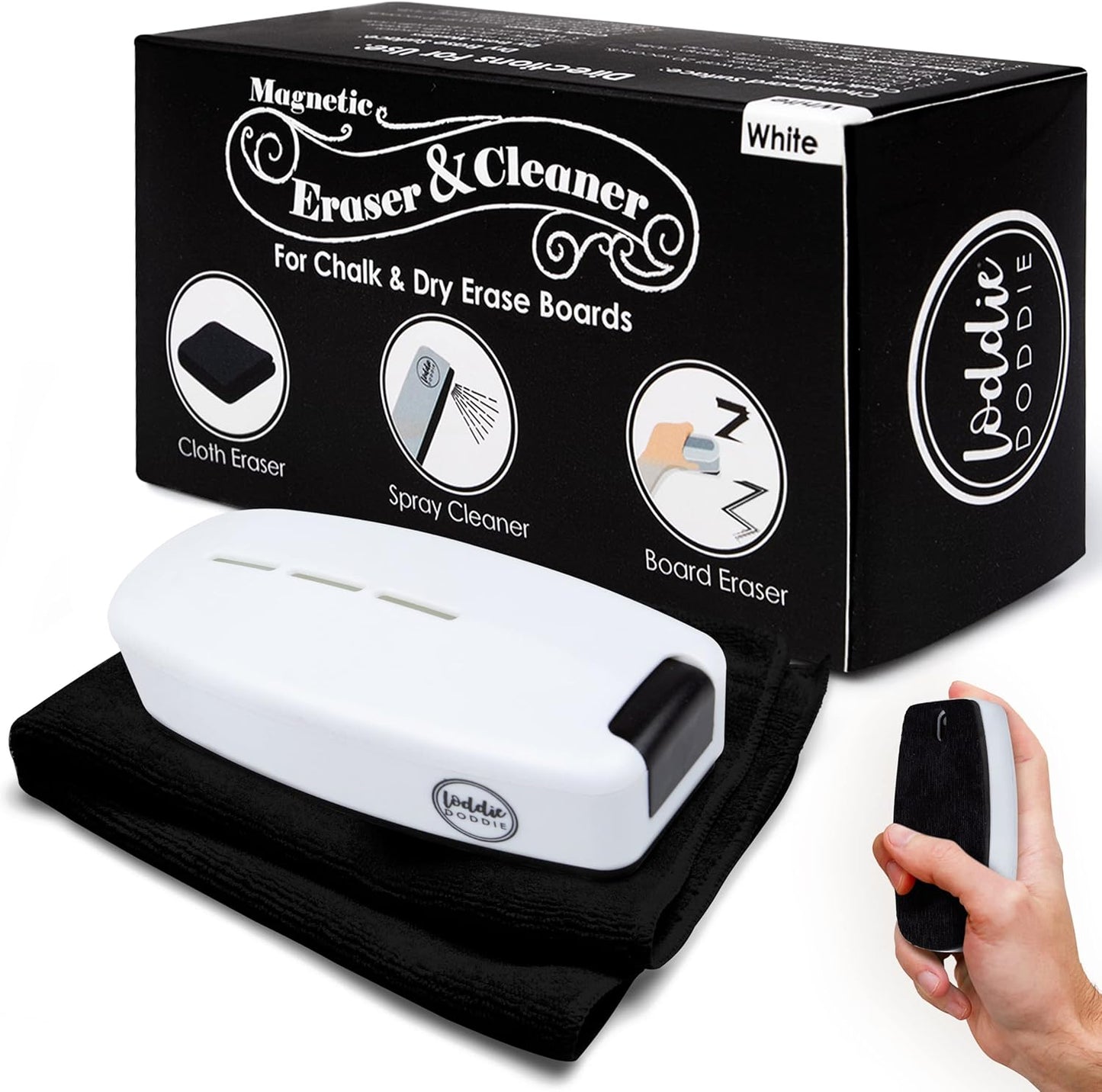 Loddie Doddie Chalkboard Cleaner Spray & Magnetic Eraser All-in-One Kit - Removes Liquid Chalk Marker & Ink from Chalk Board, Whiteboard, Dry Erase Marker Board - Dry Erase Cleaner - Chalkboard Eraser