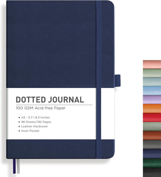 RETTACY Bullet Dotted Journal Notebook, 192 Pages, A5 Medium Size (5.7'' x 8.3''), Leather Hardcover, 100 GSM Thick Paper, for Bullet Journaling, Planning, Tracking (Navy Blue)