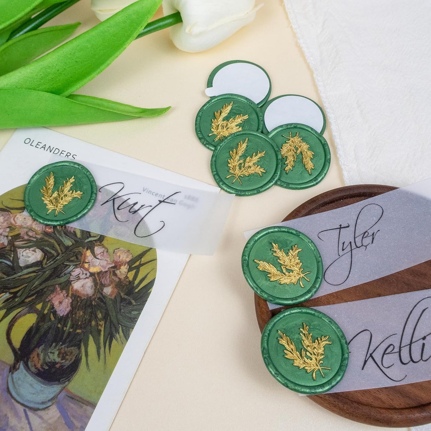 100Pcs Gold & Green Wax Seal Stickers - Handmade Envelope Seals, Self Adhesive Wax Stickers for Wedding Party Invitations, Envelope, Gift Wrap, Christmas (Gold Rosemary Style, Green)