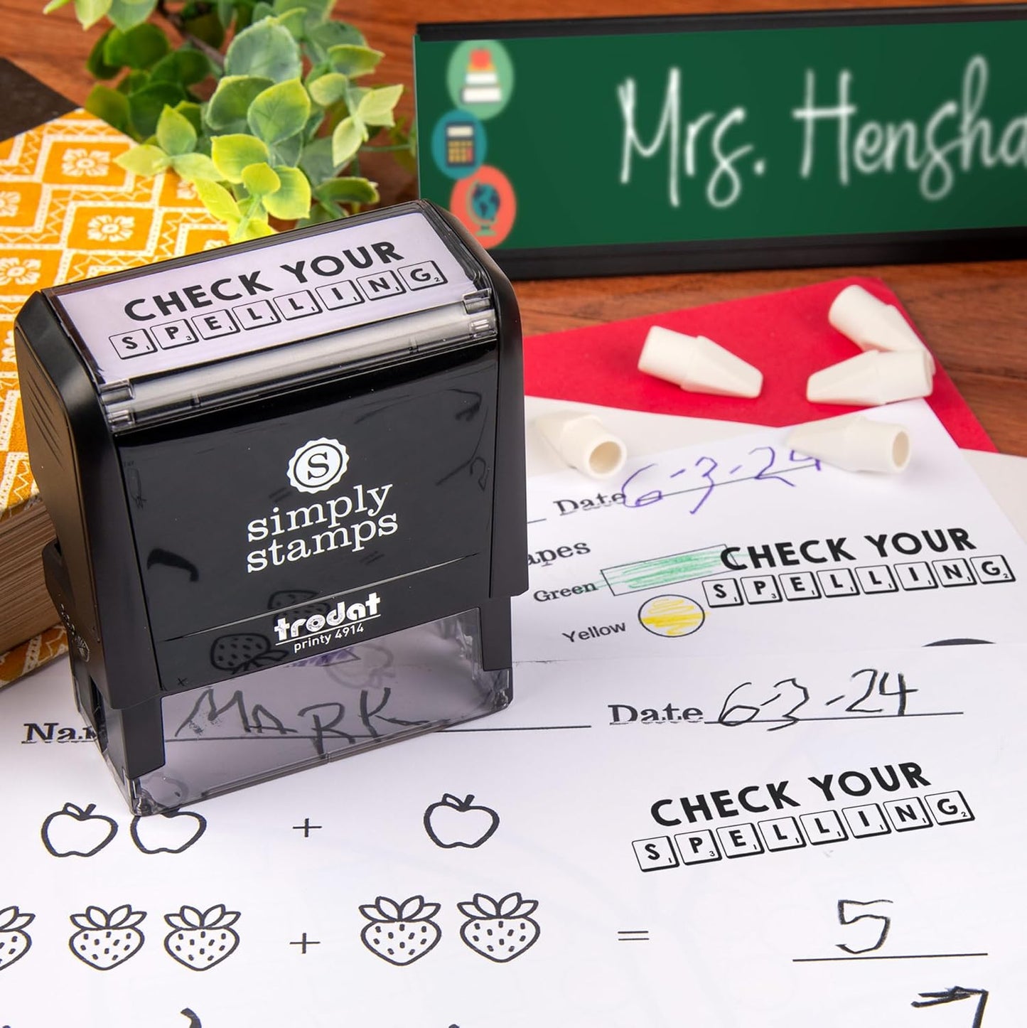 Custom Self-Inking Stamps | 49 Designs | Fun Phrases | Make Grading Easy | Classroom, Library and Book Stamps (Check Spelling, Extra Large)