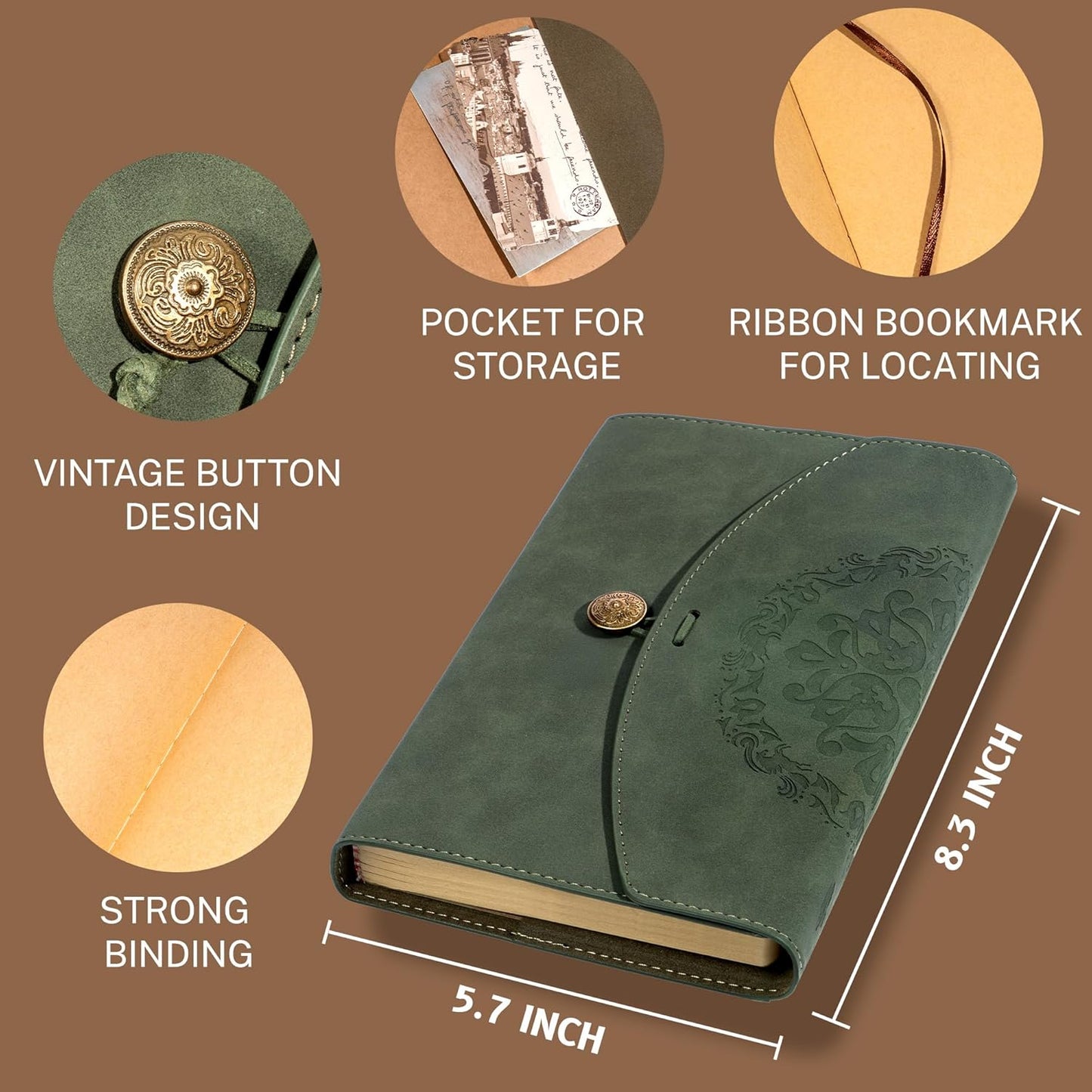 Vintage Leather Journal for Women Men, Junk Journal Notebook Soft Cover, Book of Shadows Journals for Travel Diary Scrapbook Sketchbook Journaling Writing, Green