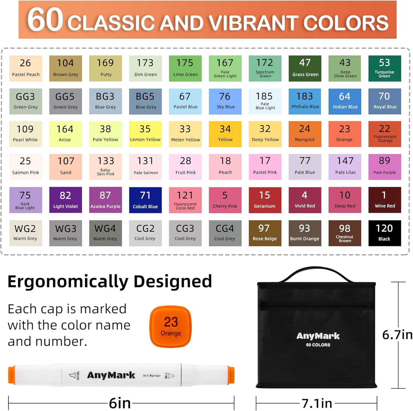 AnyMark Alcohol Markers, 60 Colors Dual Tip Art Coloring Markers Set for Kids Adult Book Drawing Sketching Painting, Chisel & Fine, White Penholder