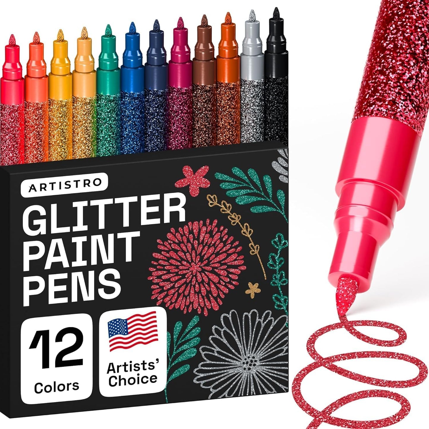 ARTISTRO 12 Glitter Paint Pens Sparkly and Shiny for Glass, Rock Painting, Ceramic, Wood, Fabric, Scrapbooking, DIY Craft Making, Coloring - Acrylic Paint Markers Extra-Fine Tip 0.7mm