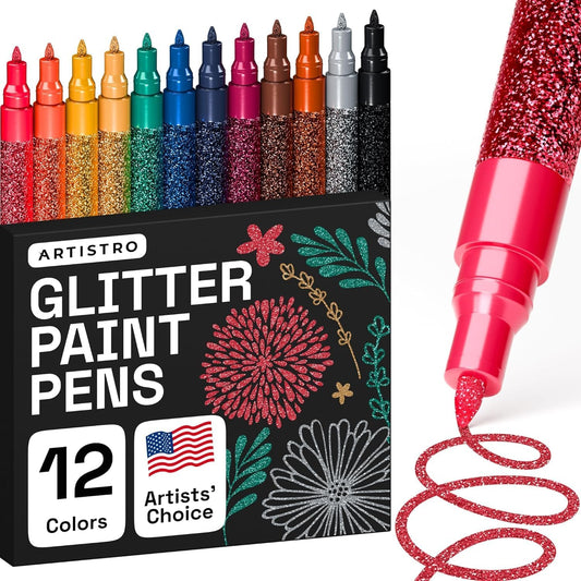 ARTISTRO 12 Glitter Paint Pens Sparkly and Shiny for Glass, Rock Painting, Ceramic, Wood, Fabric, Scrapbooking, DIY Craft Making, Coloring - Acrylic Paint Markers Extra-Fine Tip 0.7mm