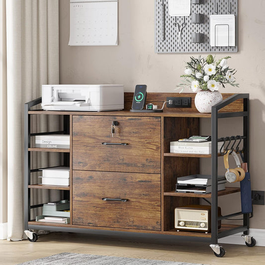 SEDETA 44" File Cabinet, Filing Cabinet fits Legal/Letter Size, 2 Drawer File Cabinets for Home Office with Lock, Power Strip, 6 Storage Shelves, Rustic Brown
