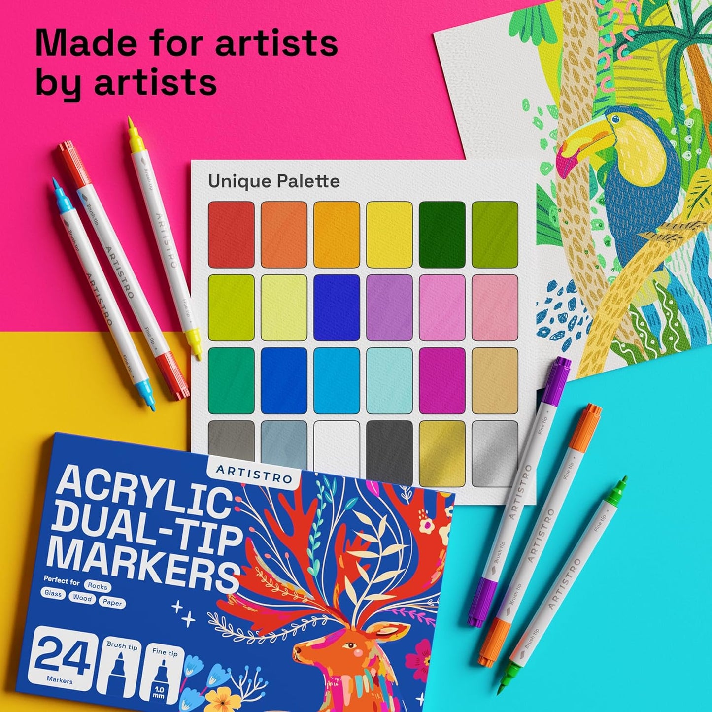 ARTISTRO 36 Dual Tip Fabric Markers - Acrylic Drawing Markers for All Ages & Levels - Fabric Paint Pens for Personalizing Clothes, T Shirts, Bags, Canvas, Textiles (Brush + Fine)