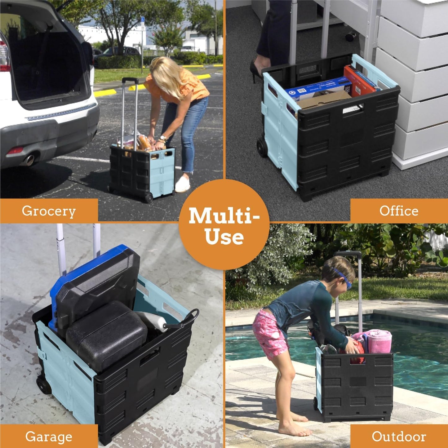 Inspired Living Ultra-Slim Rolling Collapsible Storage Pack-N-Roll Utility-carts, with Telescopic Handle, for Home, Garden, Shopping, Office, School use, Large, Baby Blue & Black
