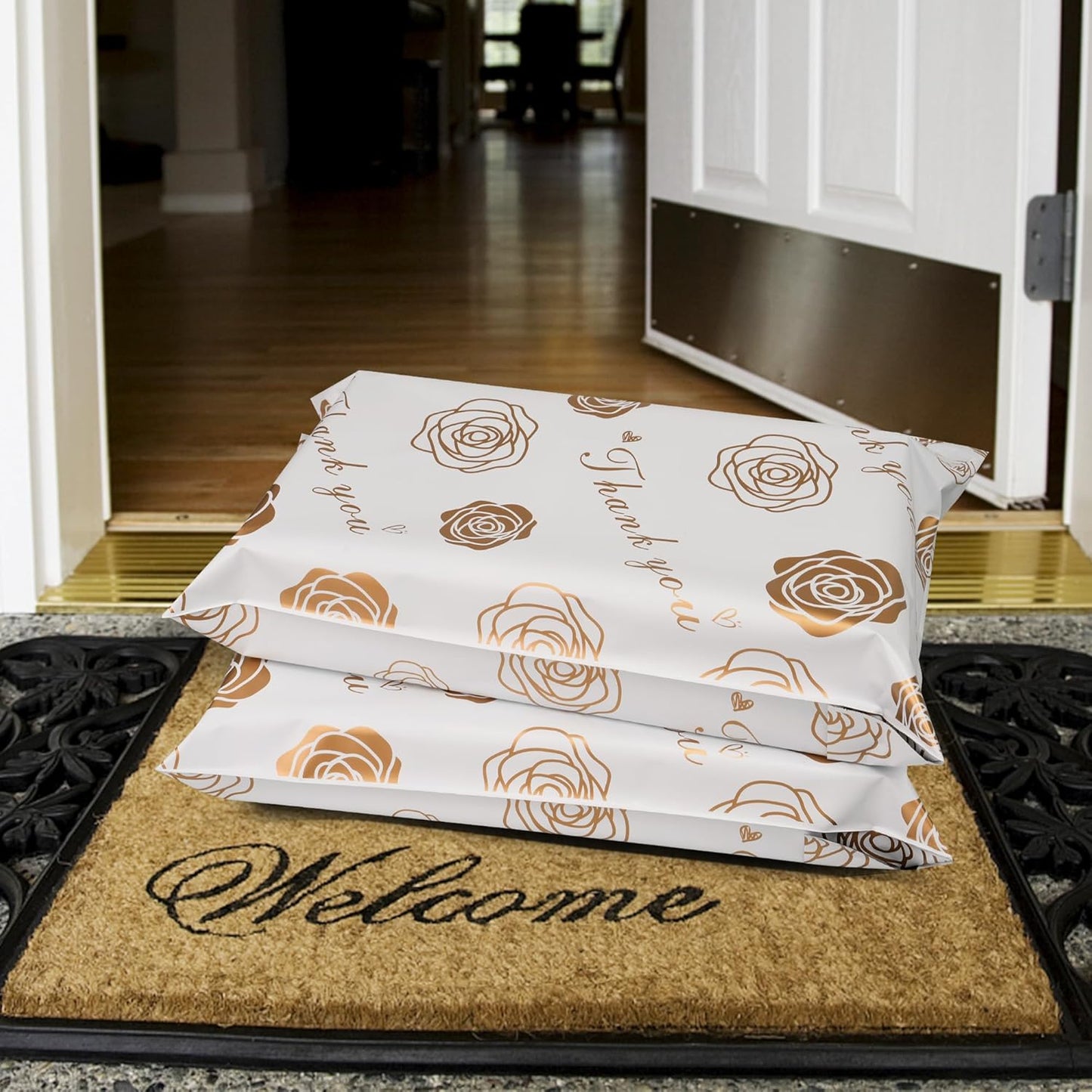 Thank You Poly Mailers 12x15.5 Inch 50 Pcs - Gold Rose Printed Shipping Bags for Clothing - Waterproof and Tear Resistant Mailing Envelopes - Self-Sealing Packaging Bags for Small Business