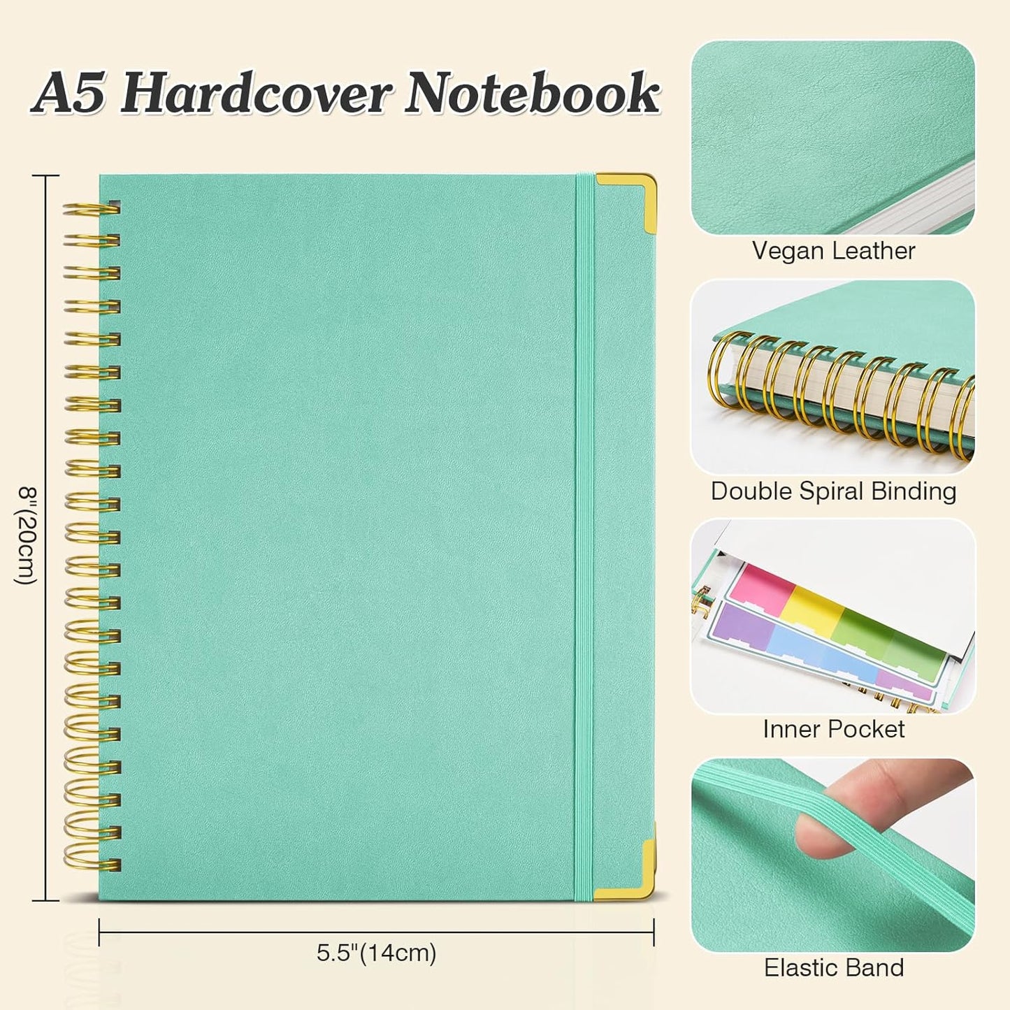 Graph Paper Notebook, Spiral Grid Notebook, Hardcover Leather Journal 300 Pages, 100gsm Thick Grid Paper Notebook, A5 Small Graphing Notebook Journal for Women Men Writing Engineering School Work