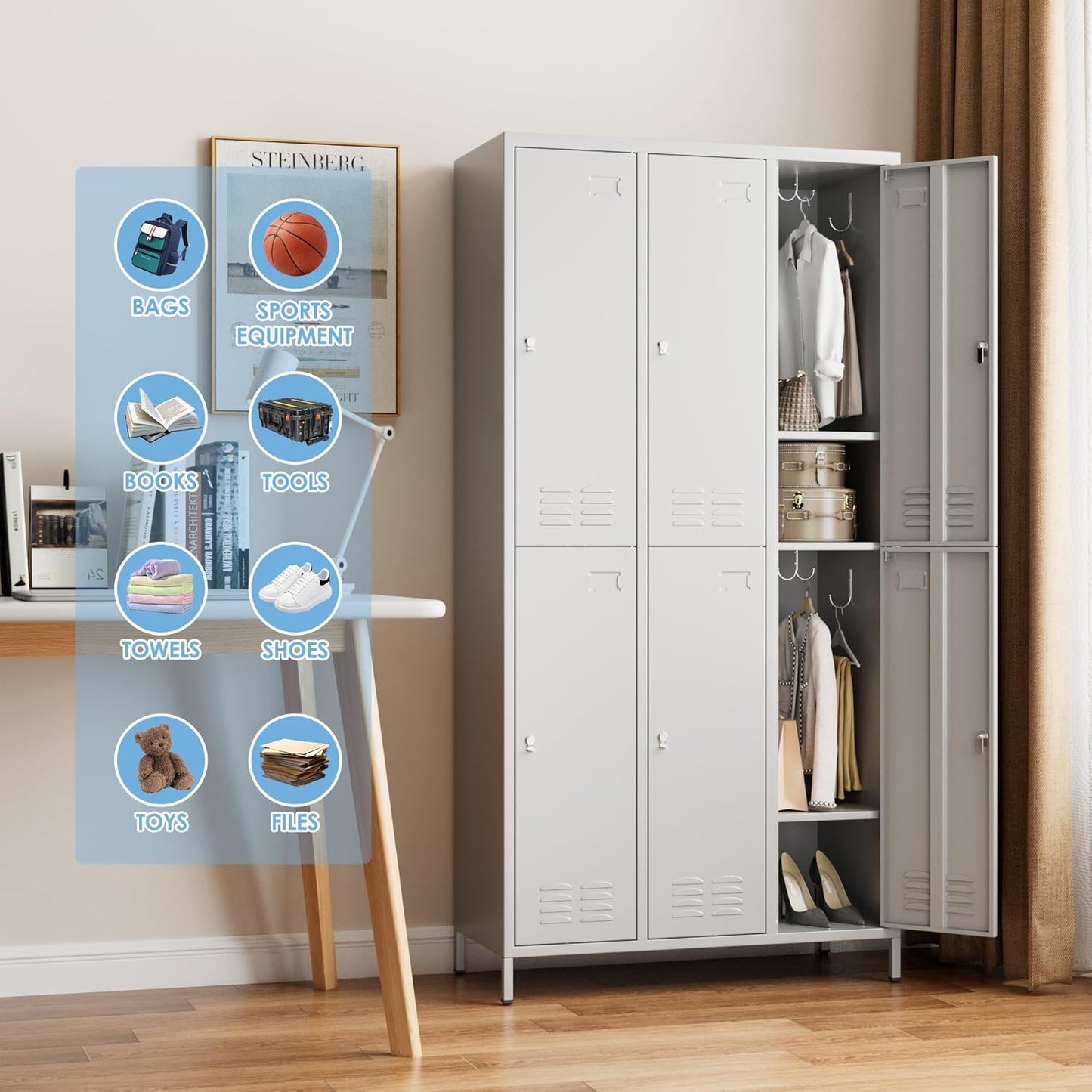 6 Doors Metal Locker with Business Card Holder,Metal Locker for Employees with 18 Hooks for School Garage Office Gym Home,Assembly Required,Light Grey